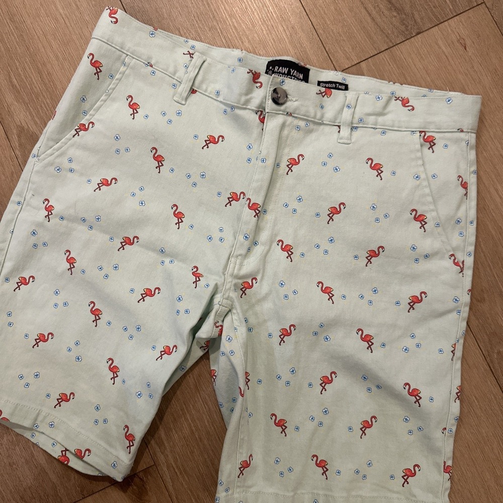 Raw Yarn Industries Flamingo Stretch Twill Shorts Mint Green Preppy Beach 36 9"